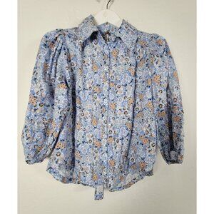 Free People Womens Floral Button-Up Puff Sleeves Blouse Small Light Blue Cotton